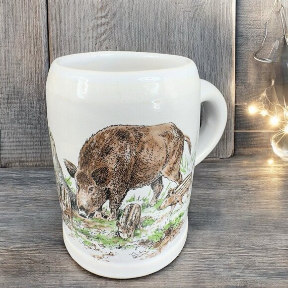Vintage West Germany Stoneware Pottery Large Coffee Mug Cup Wild Board Scene VTG - Picture 2 of 15